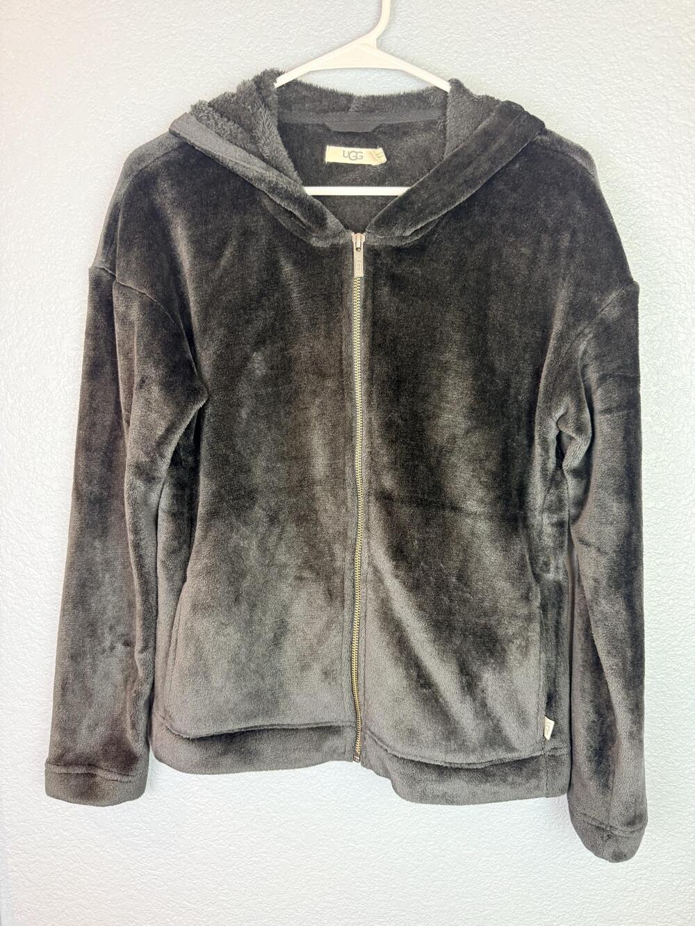 UGG Hoodie Womens Medium Gray Velour Full Zip Hooded Soft Long Sleeve Jacket